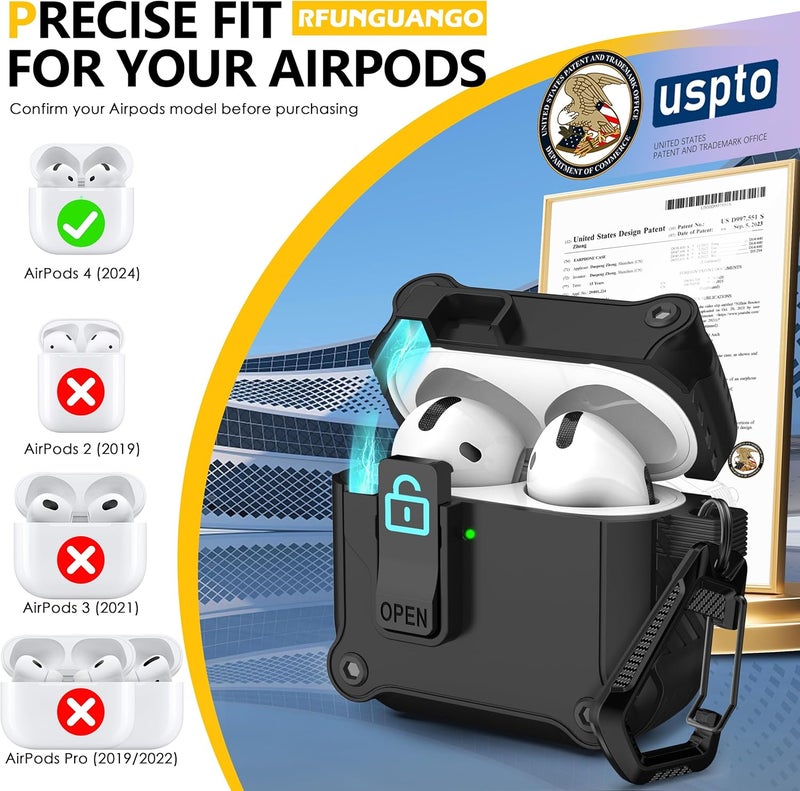 RFUNGUANGO for AirPods 4th Generation Case, Compatible with AirPods 4th Generation Case (2024), Strong Drop Protection, Auto-Open Series, Black - Image 5